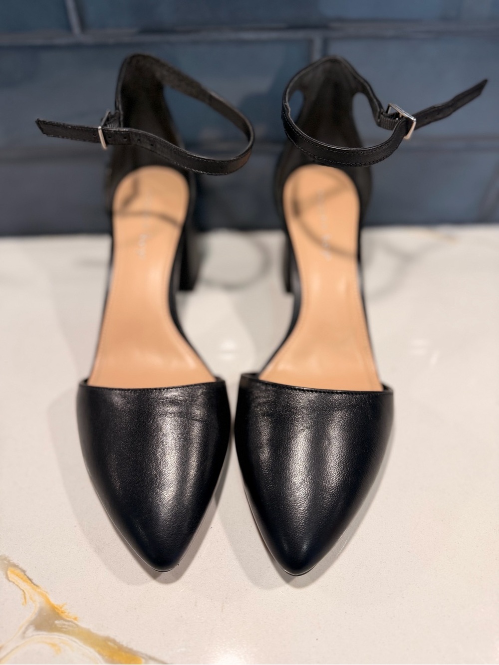 Copper Key Black Pointed-Toe Ankle-Strap Heels
